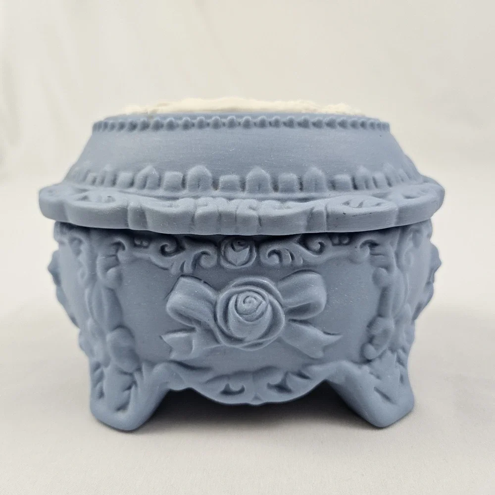 Vintage Blue Jasperware Style Trinket Box with White Relief Maiden Cameo